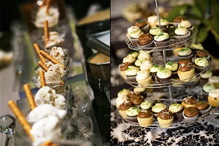 Left: Glasses of gelato at the wedding of Elena Flores and Jeff Breese in Phoenix. Right: Mini cupcakes at the wedding of Michelle Nizich and David Olsen in Los Angeles.