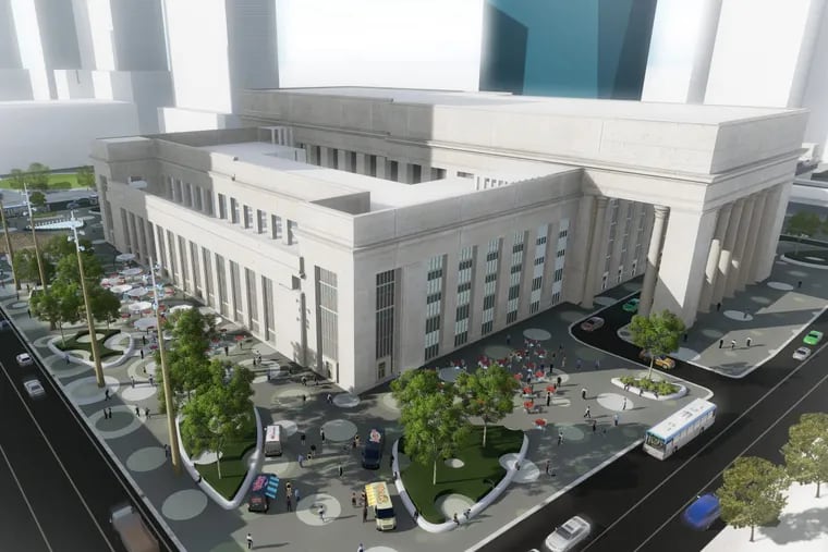 Artist’s rendering of the proposed 30th Street Station Plaza, as seen from above the corner of 29th and Market Streets looking northwest.