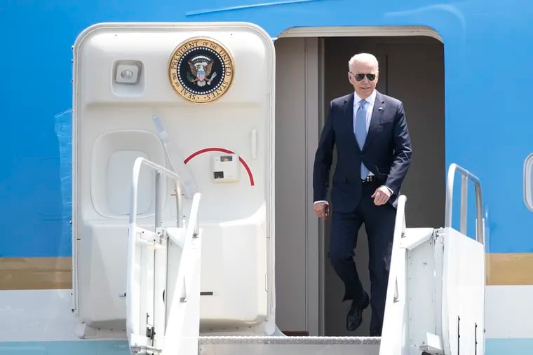 President Joe Biden disembarks Air Force One after landing at Philadelphia International Airport on Tuesday, July 13, 2021. Biden is delivering remarks on voting rights at the National Constitution Center.