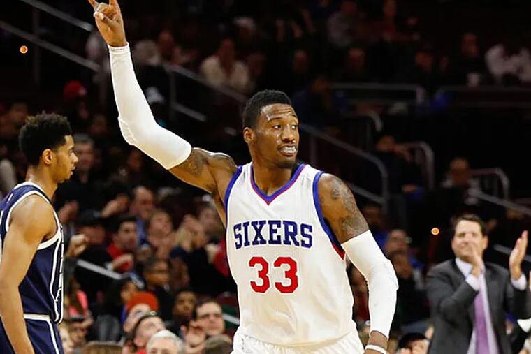Philadelphia 76ers forward Robert Covington (33) raises his arms after hitting a three pointer against the Oklahoma City Thunder during the second half at Wells Fargo Center. The Thunder defeated the 76ers 103-91. (Bill Streicher/USA Today)