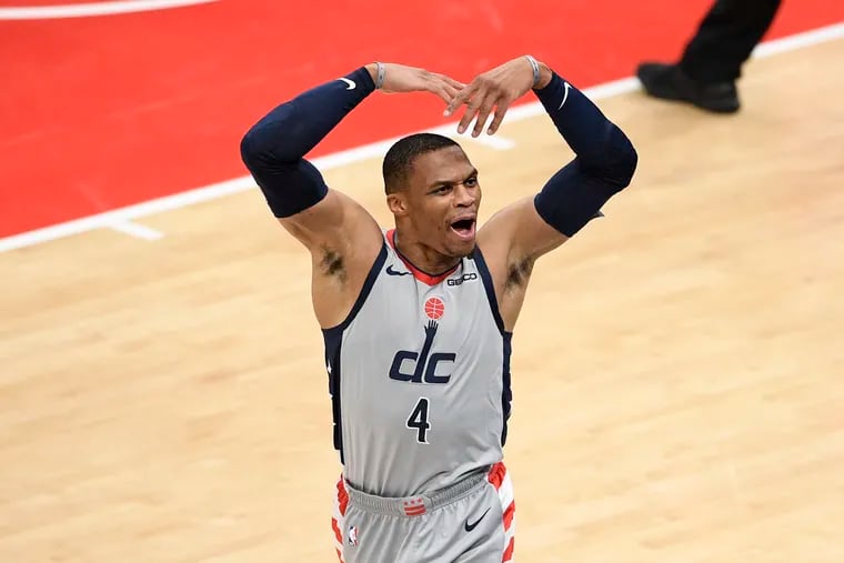 Washington Wizards guard Russell Westbrook reacts to the crowd during the rout of the Pacers on Thursday night.