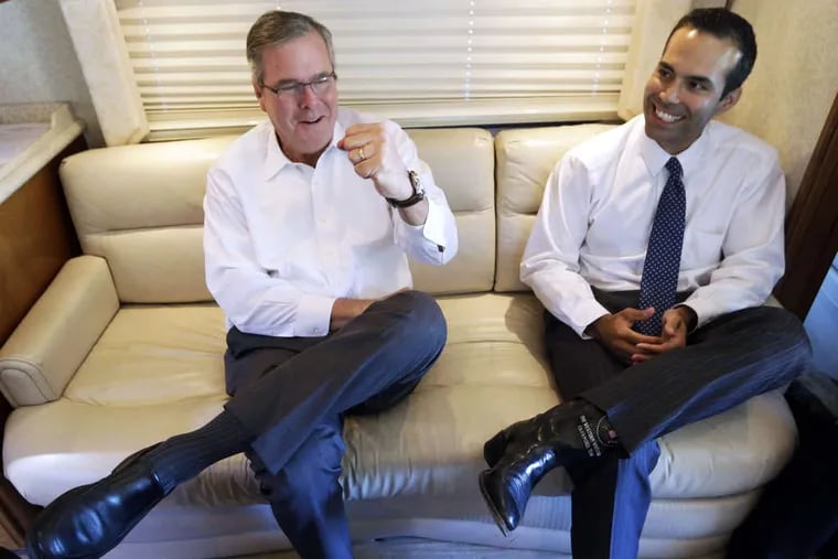 Former Fla. Gov. Jeb Bush , 61, with son George P. Bush. Jeb Bush, exploring a run for the presidency, is the son and brother of presidents and grandson of a senator.