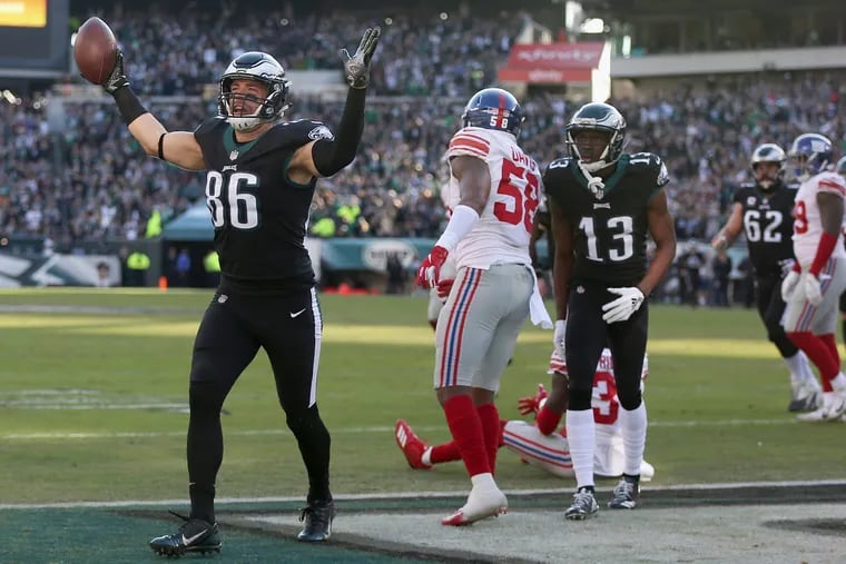 Eagles tight end Zach Ertz (86) celebrates a touchdown in the second quarter of a game against the New York Giants at Lincoln Financial Field in South Philadelphia on Sunday, Nov. 25, 2018. TIM TAI / Staff Photographer