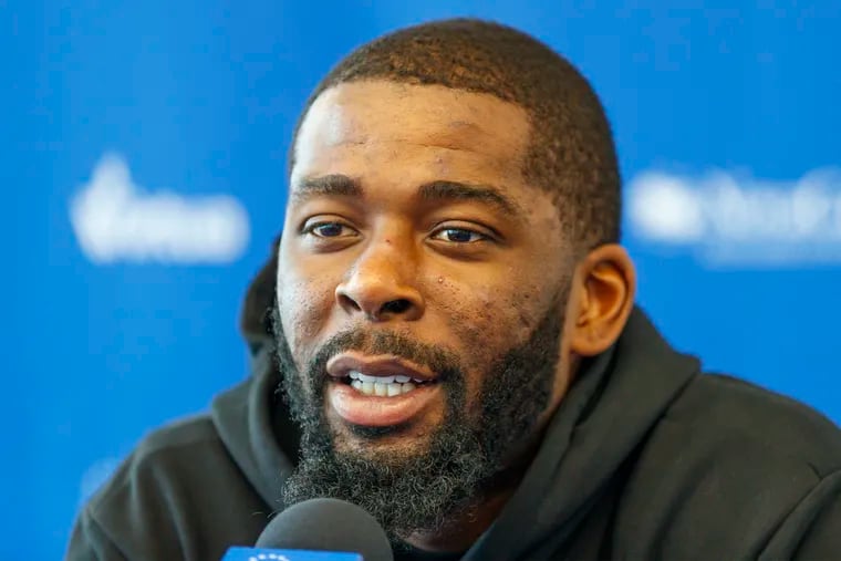 Philadelphia 76er James Ennis III speaks to the media from the Sixers practice facility on May 13, 2019.