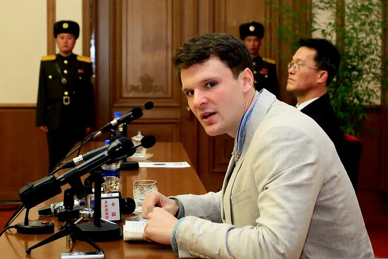 In this Feb. 29, 2016, file photo, American student Otto Warmbier speaks as Warmbier is presented to reporters in Pyongyang, North Korea.