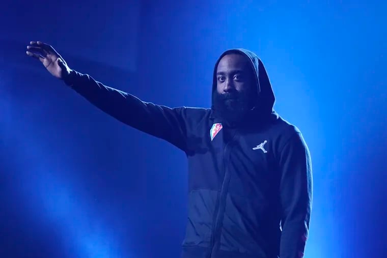 James Harden waving to the crowd as he was introduced for the NBA All-Star Game on Sunday in Cleveland.