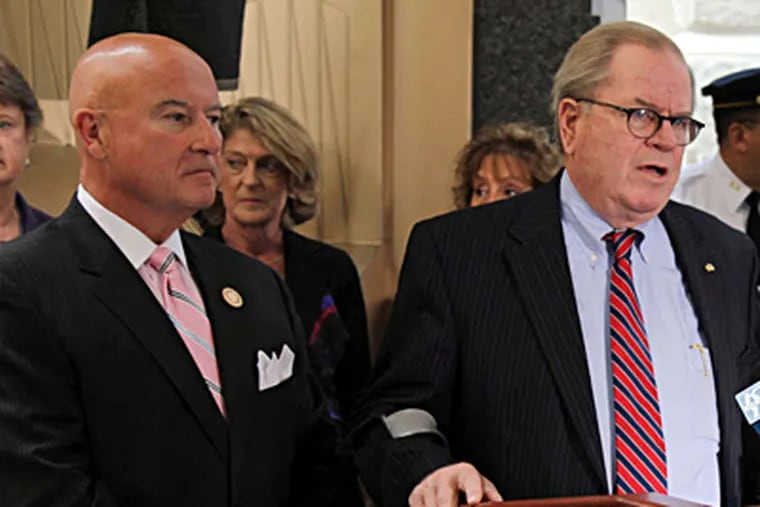 Pa. Chief Justice Ronald D. Castille (right) and Justice Seamus McCaffery in 2010. Besides raising questions about McCaffery, the report quoted Traffic Court staff as saying that the office of Democratic U.S. Rep. Bob Brady of Philadelphia often requested &quot;special consideration&quot; in dealing with tickets, which Brady denies. LAURENCE KESTERSON / File Photograph
