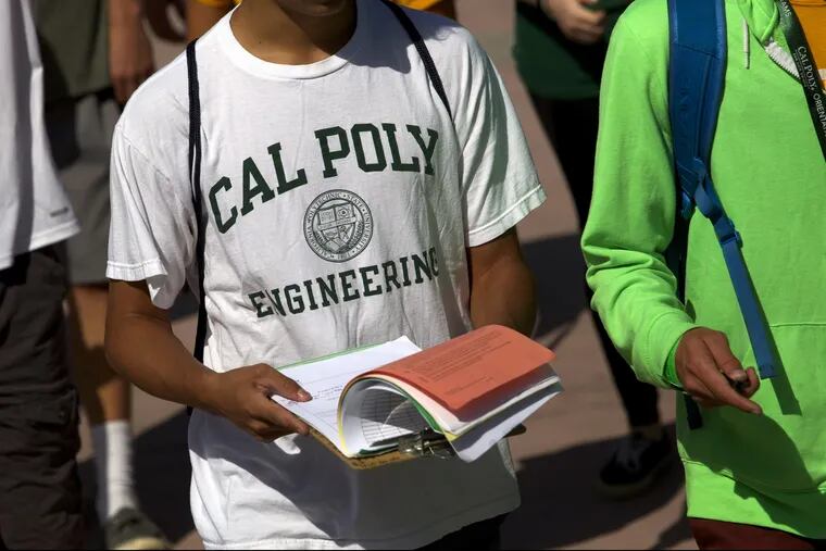 A student wears a Cal Poly Engineering T-shirt on the campus of California Polytechnic State University San Luis Obispo in San Luis Obispo, Calif.