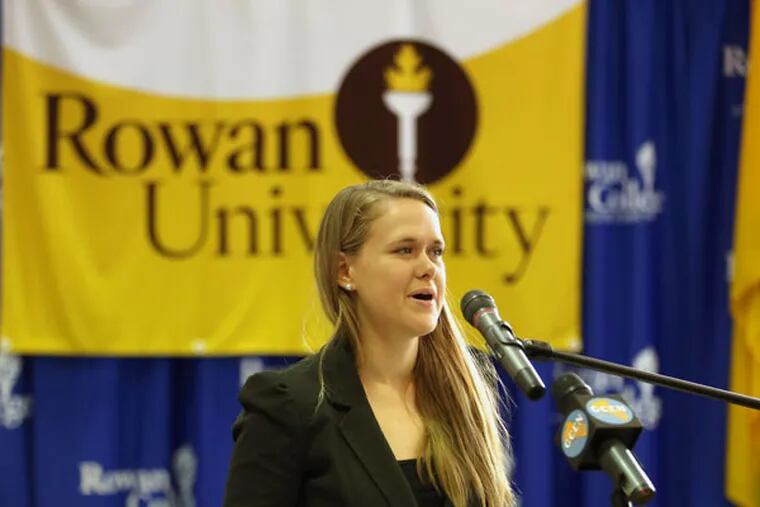 Rowan University's engineering program will be offered as a transfer program from Rowan College at Gloucester County. Chemical engineering student Emily Barnes speaks at the contract signing last week (DAVID SWANSON / Staff Photographer).