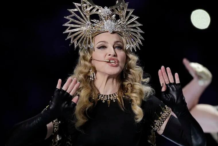 Madonna performs during halftime of the NFL Super Bowl XLVI football game between the New York Giants and the New England Patriots, Sunday, Feb. 5, 2012, in Indianapolis. (AP Photo/Chris O'Meara)