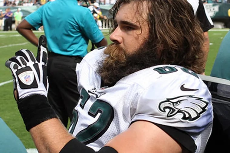 Eagles center Jason Kelce suffered a torn MCL and partially-torn ACL in Sunday's win over the Ravens. (Yong Kim/Staff Photographer)