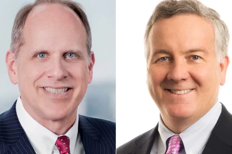 Two regional law firms are merging to create a Big Law power. Steve Lewis (left) of Atlanta's Troutman Sanders becomes CEO of the new Troutman Pepper. Tom Gallagher, chairman of Pepper Hamilton, will be the combined firm's vice chairman. The merger becomes effective April 1.