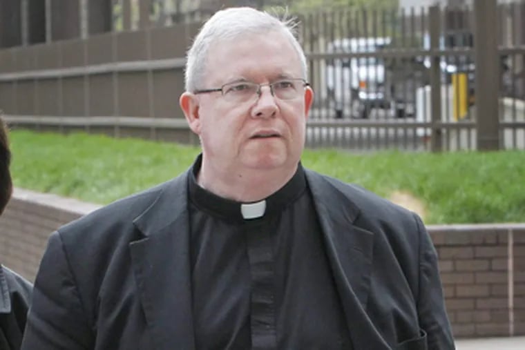 Monsignor William Lynn arrives at the Criminal Justice Center in Philadelphia on Wednesday morning April 4, 2012. He is accused of covering up alleged sexual abuses by Catholic priests.  ( ALEJANDRO A. ALVAREZ / STAFF PHOTOGRAPHER )