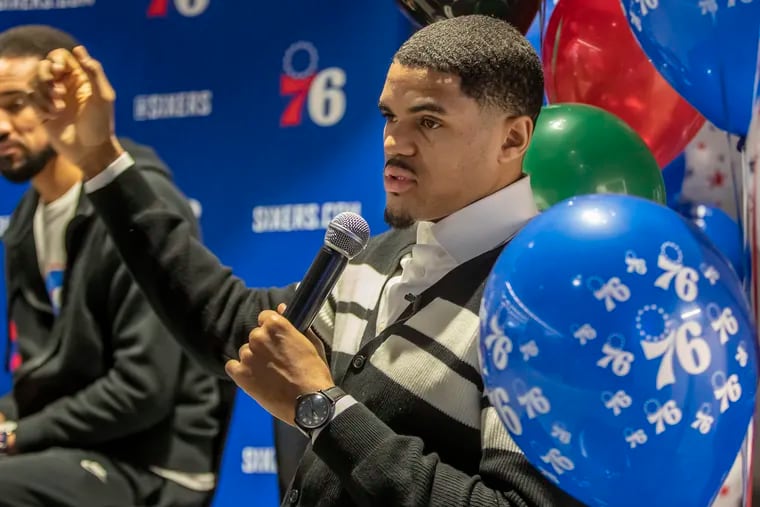 Sixers guard Tobias Harris speaks to a group of Philadelphia middle school students at the Sixers Innovation Lab on Monday, as part of the Kids Can! Innovation & Entrepreneurship Workshop, held as part of the Sixers celebration of Black History Month. .