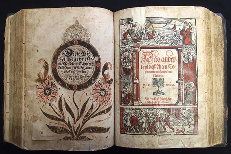 A 1536 Froschauer Bible with rare illuminated Fraktur bookplate and genealogical record that documents the flight from religious persecution by the Mennonite immigrant Bachman family. Mennonite Heritage Center, Harleysville, PA