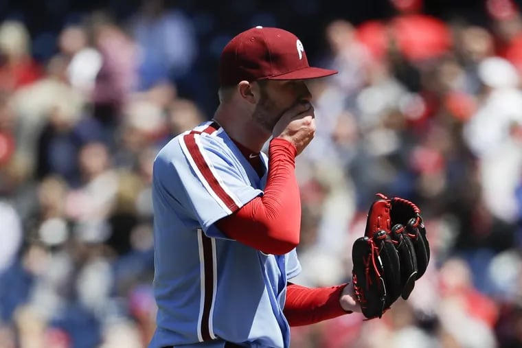 Phillies starter Ben Lively reacts after giving up a three-run home run to the Diamondbacks’ Nick Ahmed during the third inning on Thursday.