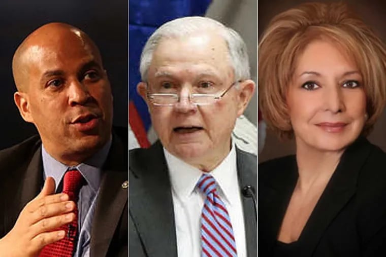 From left: N.J. Sen. Cory Booker, U.S. Attorney General Jeff Sessions, and Pa. Rep. Maria Donatucci