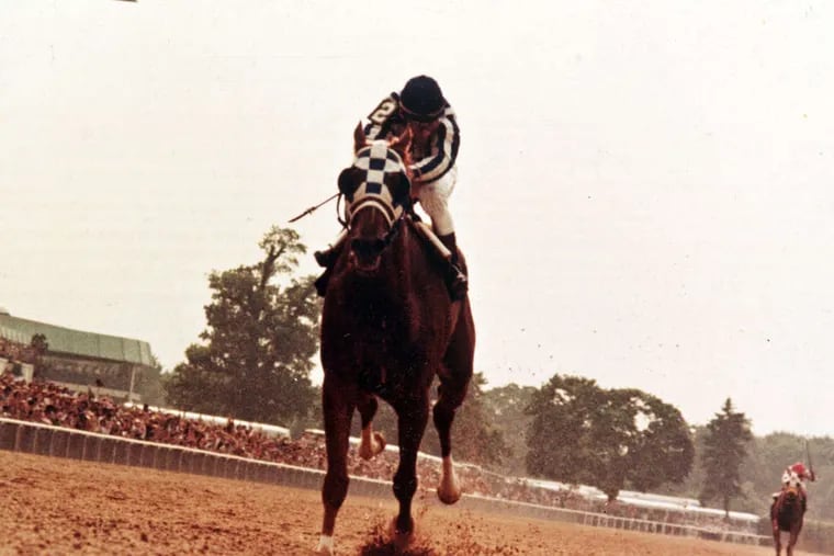 Ron Turcotte riding Secretariat to the 31-length victory in the Belmont Stakes that clinched the 1973 Triple Crown. Secretariat's triumph ended a 25-year drought in Triple Crown winners.