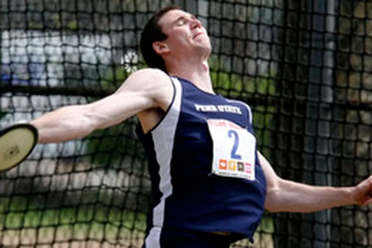 Chris Morrisey of Penn State competes in the discus throw. He won the decathlon championship at the Penn Relays.