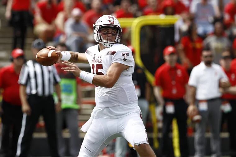 Temple quarterback Anthony Russo throws to a receiver in the first half of an NCAA college football game against Maryland, Saturday, Sept. 15, 2018, in College Park, Md. (AP Photo/Patrick Semansky)