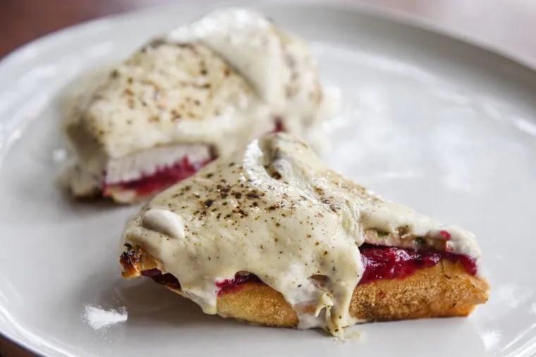 Chef Yianni Arhontoulis of Mica in Chestnut Hill will make a Thanksgiving Melt using a thick slice of turkey, cranberry sauce and a topping of pureed stuffing mixed with milk and cream all on a slice of sourdough bread.