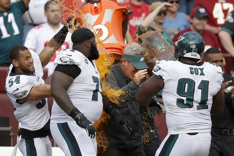 Philadelphia Eagles coach Doug Pederson got a Gatorade shower from his players after the Eagles’ first win of the season, and of course he also got one after the last game of the season.