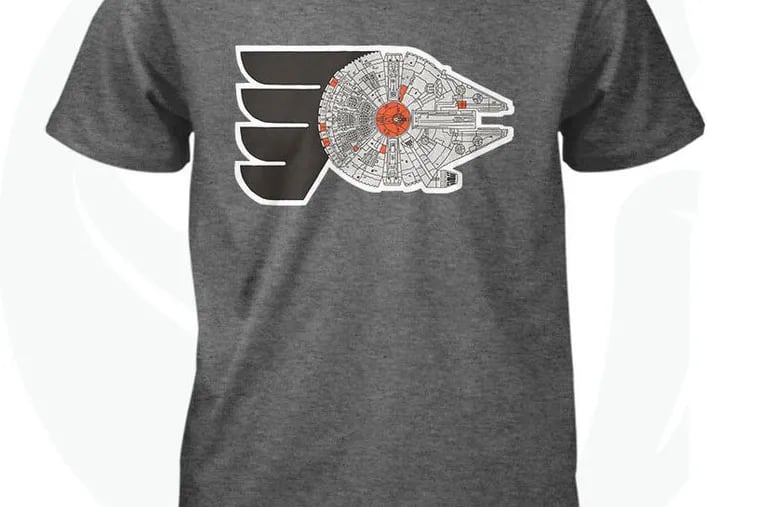 Shirts blending the Millennium Falcon and the Flyers logo will be given to guests at the Flyers Star Wars Day on March 14.