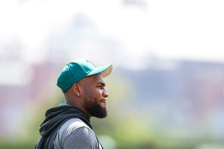 Eagles linebacker Haason Reddick on the sideline for the first day of training camp at the NovaCare Complex in Philadelphia on Wednesday, July 26, 2023.