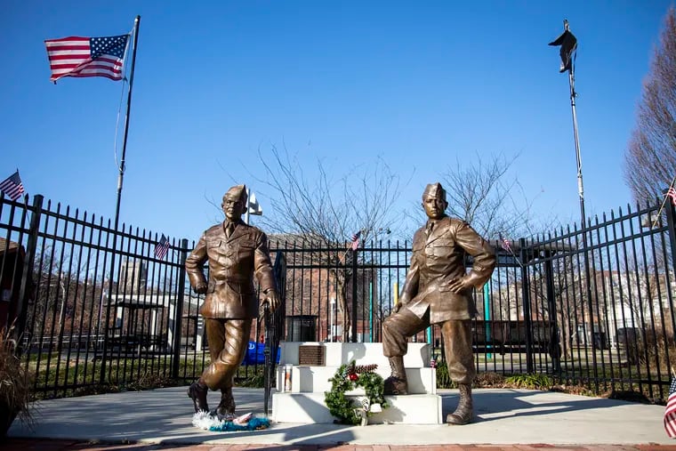 Life-size statues memorialize two South Philadelphia "Band of Brothers" soldiers  - William "Wild Bill" Guarnere, left, and Edward "Babe" Heffron, right, at the edge of Herron Playground.