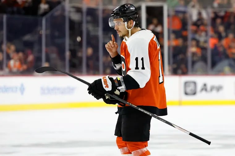 Flyers right wing Travis Konecny leads the Flyers in points, goals, and shorthanded goals.