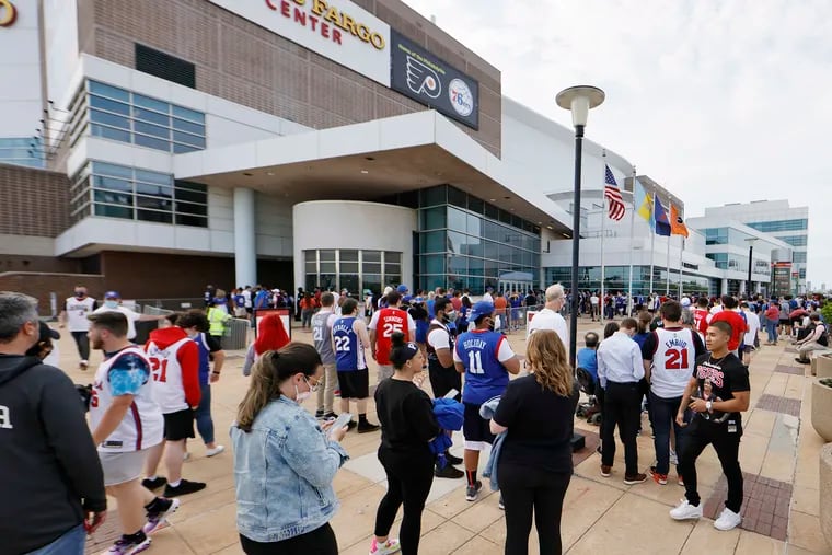Sixers fans wait for the doors to open prior to the Sixers vs. Wizards game at the Wells Fargo Center in Phila., Pa. on June 2, 2021.