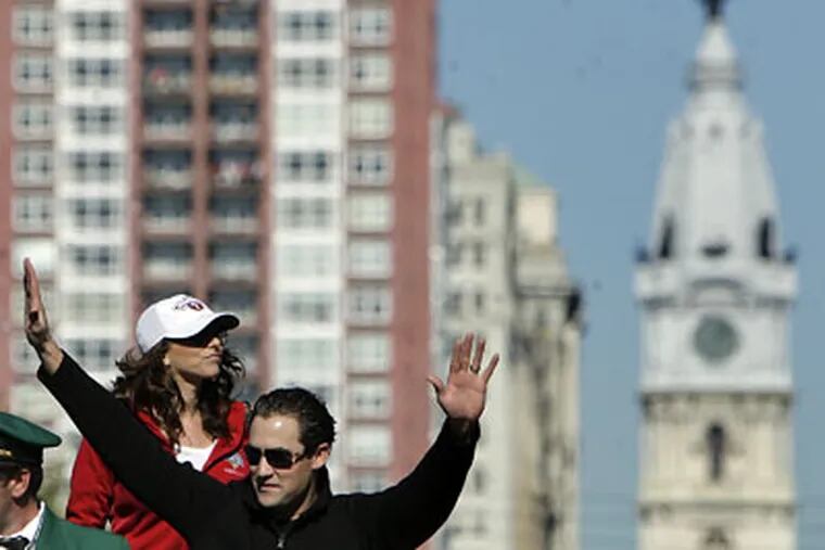 Pat Burrell celebrates during the Phillies' World Series parade on Oct. 31. (David Maialetti / Staff Photographer)