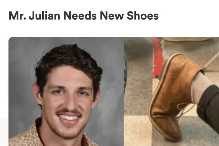 A screenshot of the "Mr. Julian Needs New Shoes" fundraiser on GoFundMe. Students at Tech Freire Charter School in North Philadelphia started the campaign as an April Fool's Day prank to tease their teacher about his footwear.