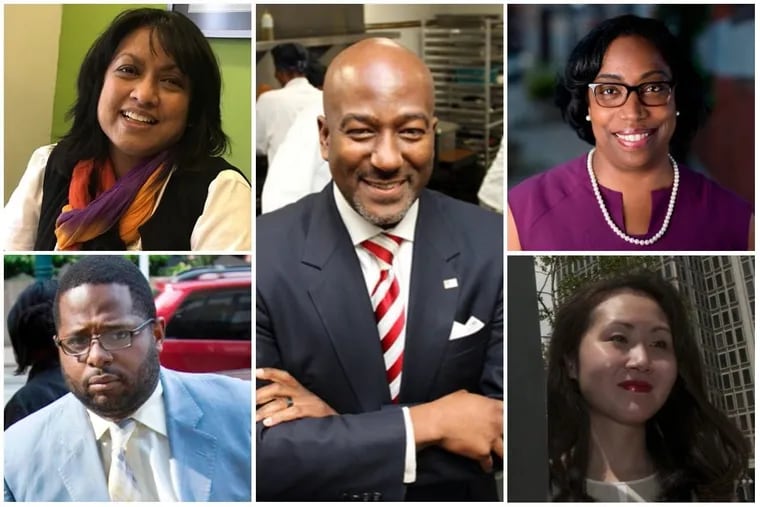 The five declared Democratic First Congressional District candidates (Top left: Nina Ahmad; bottom left: Willie Singletary; Middle: Kevin Johnson; top right: Michele Lawrence; bottom right: Lindy Li.)