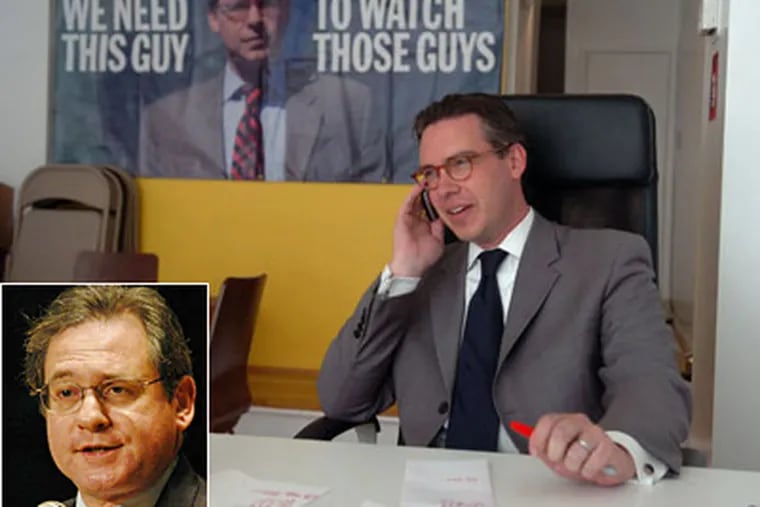 Al Schmidt (right), GOP candidate for city controller, claims that Controller Alan Butkovitz (inset) went easy on a Parking Authority audit as a favor to PPA Executive Director Vincent Fenerty Jr.