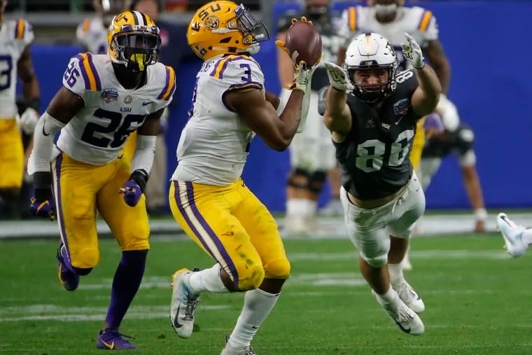 Linebacker JaCoby Stevens, drafted this month by the Eagles out of LSU, intercepts a pass in the 2019 Fiesta Bowl.