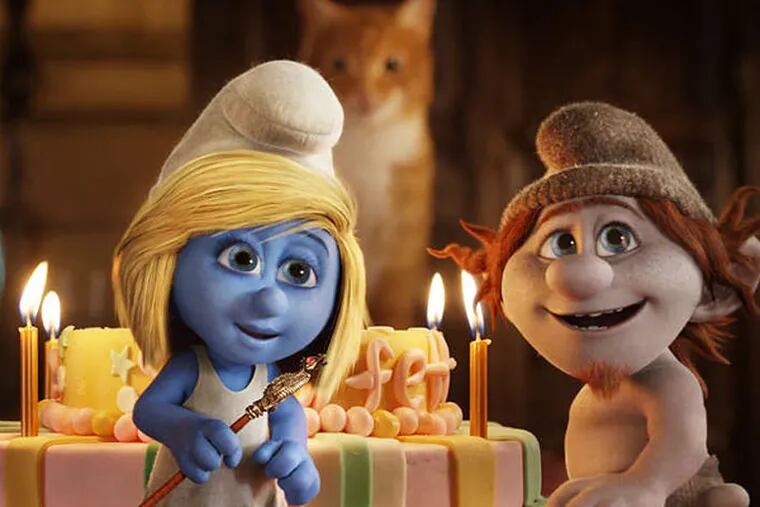 Smurfette (Katy Perry), and Hackus (J.B. Smoove) in "The Smurfs 2." (Sony Pictures Animation)