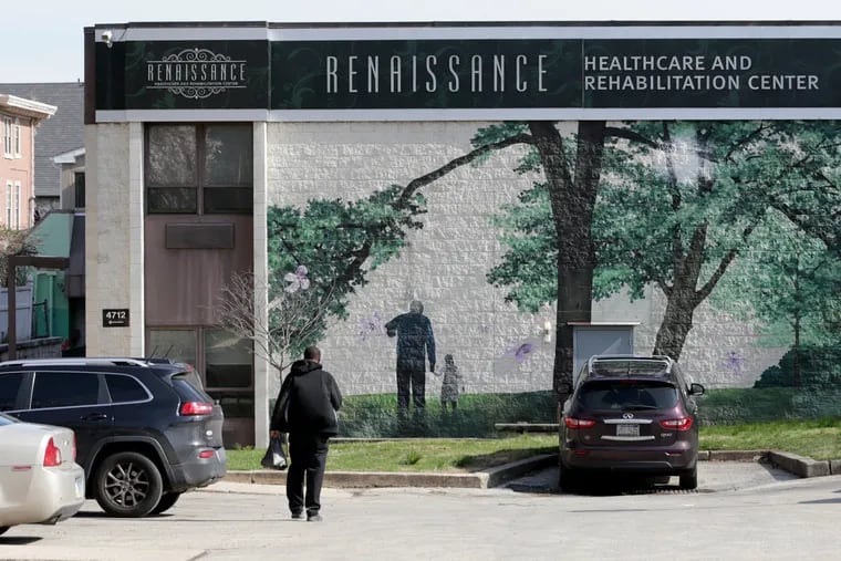 An exterior view of the Renaissance Healthcare and Rehabilitation Center in Philadelphia on March 24, 2020.