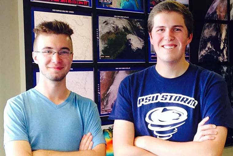 Penn State students Matt Flournoy (left), 21, and Brad Guay, 19, are leaders of the Storm Chase Team, made up of meteorology majors at the school. (Susan Snyder/Staff)