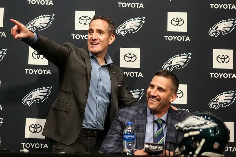 Eagles general manager Howie Roseman (left) and coach Nick Sirianni on the first night of the NFL draft, when the team made some waves.