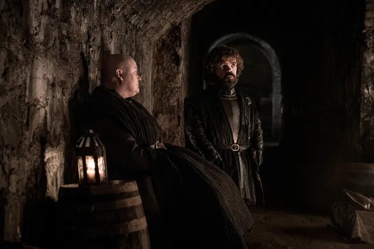 Conleth Hill (left) as Lord Varys and Peter Dinklage as Tyrion Lannister in a scene from the April 28 episode of HBO's "Game of Thrones."