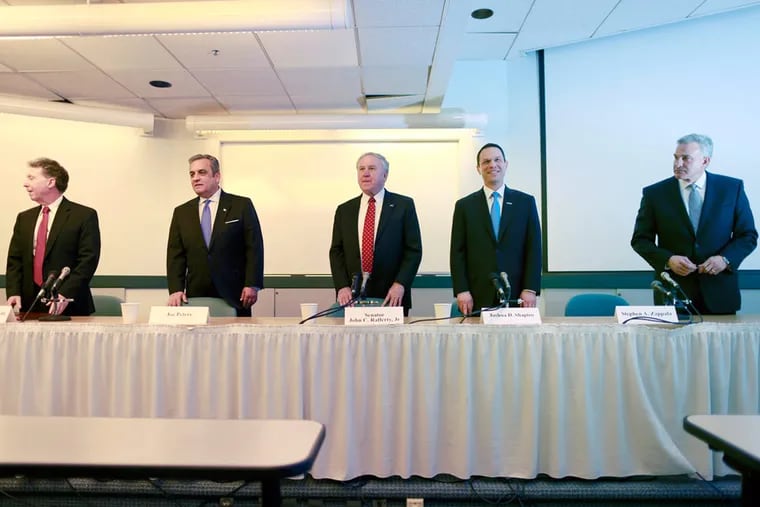 From left: John Morganelli, Joe Peters, John Rafferty, Josh Shapiro and Stephen A. Zappala, the Democrats and Republicans running for Pennsylvania attorney general.