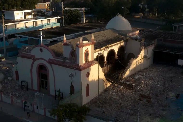 View of the earthquake-damaged Catholic Church on Jan. 9, 2020, in the town of Guayanilla on the southern coast of Puerto Rico. A 5.0 magnitude earthquake hit on Saturday around the southern coastal town, located close to the epicenters of most of the recent earthquakes.