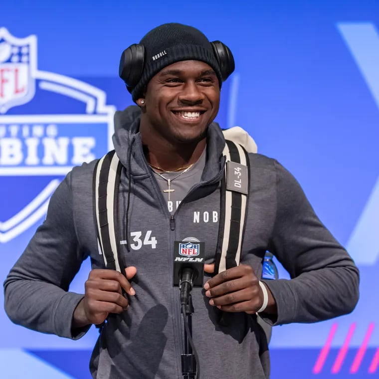 Jalyx Hunt of the Houston Christian speaks to the media during the 2024 NFL Draft Combine at Lucas Oil Stadium on Feb. 28, 2024 in Indianapolis, Indiana. (Photo by Michael Hickey/Getty Images)