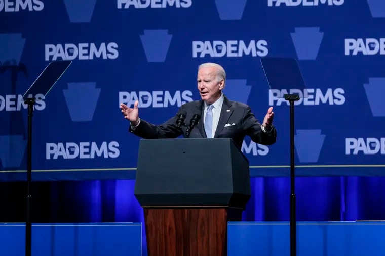President Joe Biden speaks at the Pennsylvania Democrats' fund-raising dinner at the Pennsylvania Convention Center in Center City on Friday.