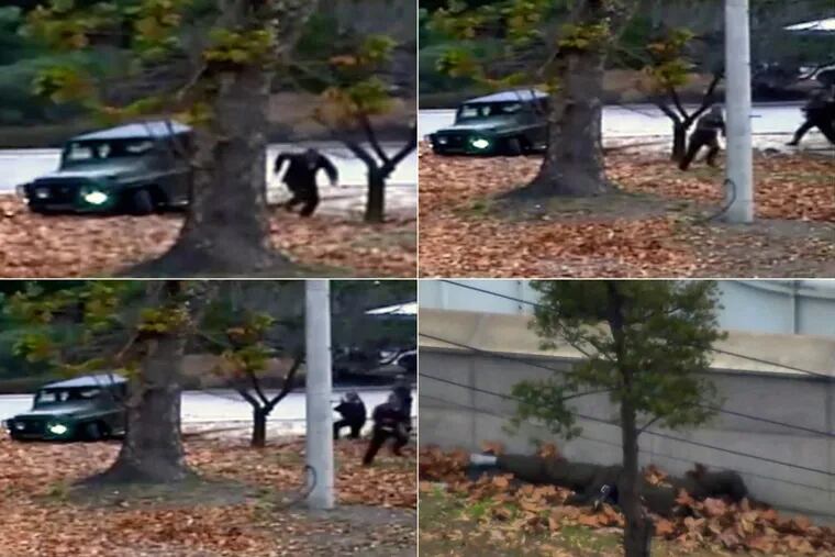 This combination of images made from surveillance video shows a North Korean soldier running from a jeep and then being shot by North Korean soldiers in Panmunjom, North Korea, before collapsing across the border in South Korea.