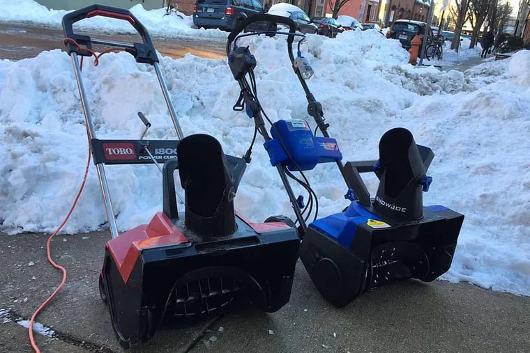 Hybrid Snow Joe (right) and plug-in Toro electric snow blowers have different benefits for cleanup.
