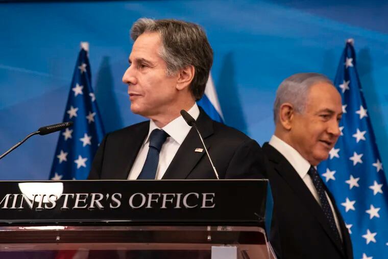 Secretary of State Antony Blinken (left) and Israeli Prime Minister Benjamin Netanyahu arrive for a joint statement after a meeting at the Prime Minister's office on May 25.