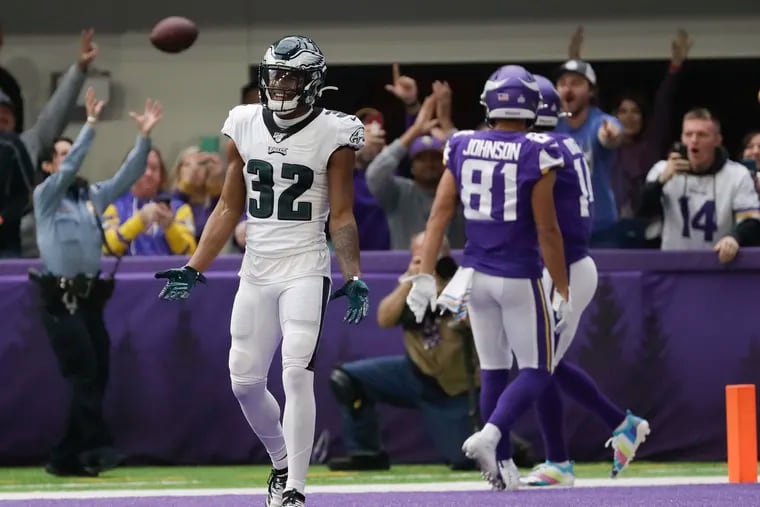 Eagles cornerback Rasul Douglas reacts after Minnesota Vikings wide receiver Stefon Diggs caught his second, second-quarter touchdown on Sunday, October 13, 2019 in Minneapolis.