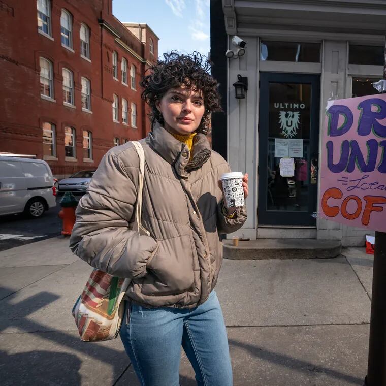 Kierstyn Cummando, who works at Ultimo Coffee, in front of Ultimo Coffee Rittenhouse, in Philadelphia, Thursday, February 29, 2024. Workers at Ultimo Coffee have gone on strike, they are supported by Local 80, Philly's barista union.
